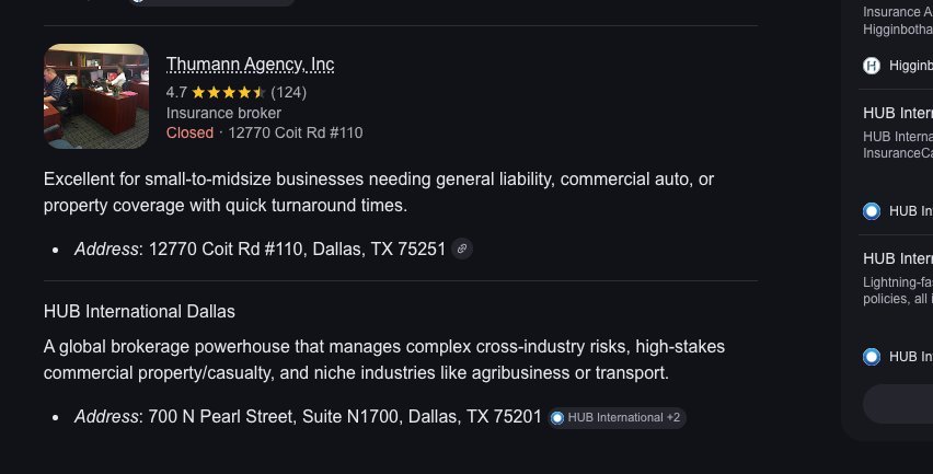 Google AI mode recommending the agency for an insurance broker query in Dallas