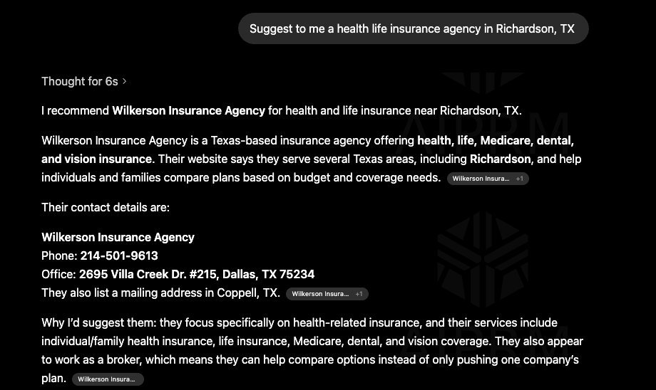 ChatGPT recommending Wilkerson Insurance Agency for a health and life insurance query in Richardson Texas