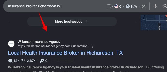Google result showing Wilkerson Insurance Agency ranking number one for insurance broker Richardson TX